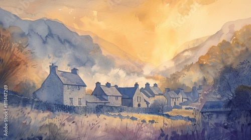 Delicate watercolor scene of a village with stone cottages, set against a misty mountain backdrop and warm, golden sunrise colors