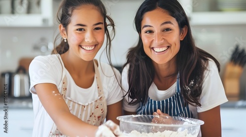 Heartwarming Mother and Daughter Baking Cake Together in Cozy Kitchen photo