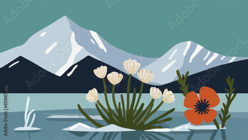 Red Poppy Blooming Solitarily in Icy Polar Landscape with Mountain Views