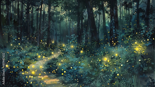 Delicate watercolor depiction of fireflies creating magical light patterns in the darkness of the forest  casting whimsical shadows on the underbrush