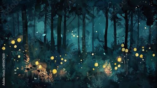 Delicate watercolor depiction of fireflies creating magical light patterns in the darkness of the forest, casting whimsical shadows on the underbrush photo
