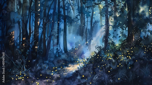 Delicate watercolor depiction of fireflies creating magical light patterns in the darkness of the forest, casting whimsical shadows on the underbrush