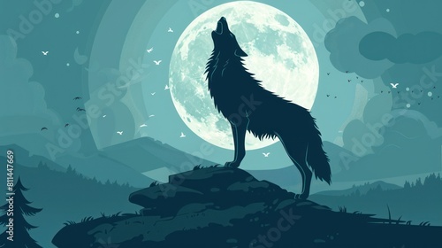 A wolf howls at the moon in a dark, moody landscape