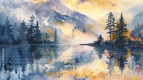 Delicate watercolor of a mountain lake reflecting a golden sunset, the misty atmosphere adding a layer of calm and mystery