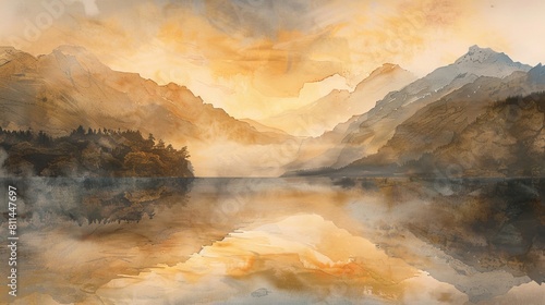 Delicate watercolor of a mountain lake reflecting a golden sunset  the misty atmosphere adding a layer of calm and mystery