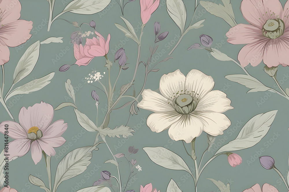 A floral seamless pattern in a muted color palette of sage green.