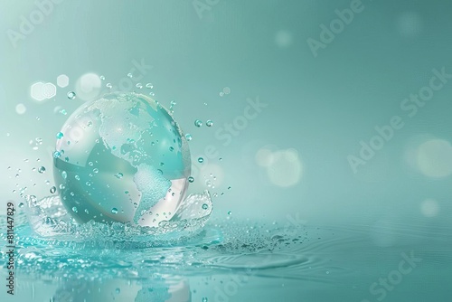 global water awareness concept with water droplets forming continents on translucent globe