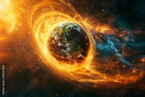 A dramatic depiction of Earth surrounded by intense, fiery energy swirls in space, symbolizing cosmic forces. 