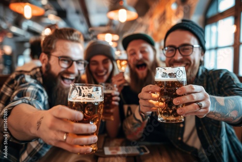 group of happy young friends cheering and drinking beer at a brewery pub enjoying life and youth culture
