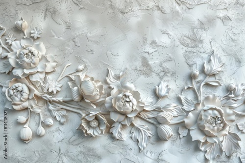 intricate volumetric floral pattern on light textured plaster wall decorative interior design digital illustration