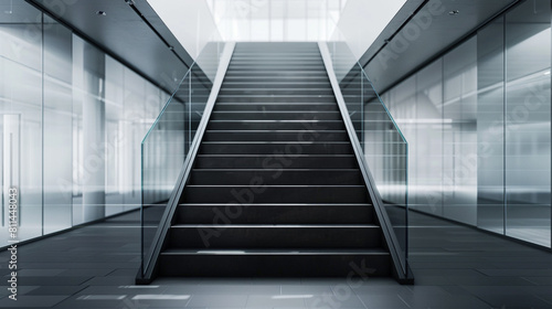 Frontal view of a floating staircase in an office, charcoal black with glass walls enhancing its modern design.