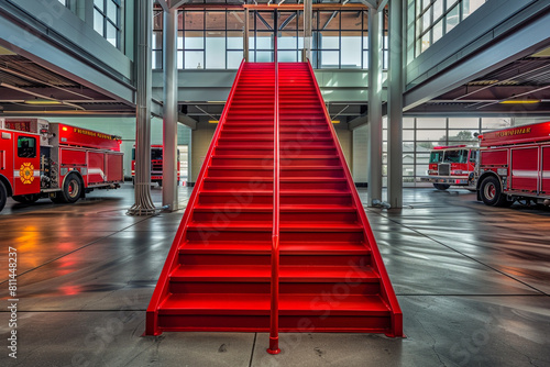 Fire station's red staircase seen from the engine bay with emergency vehicles.
