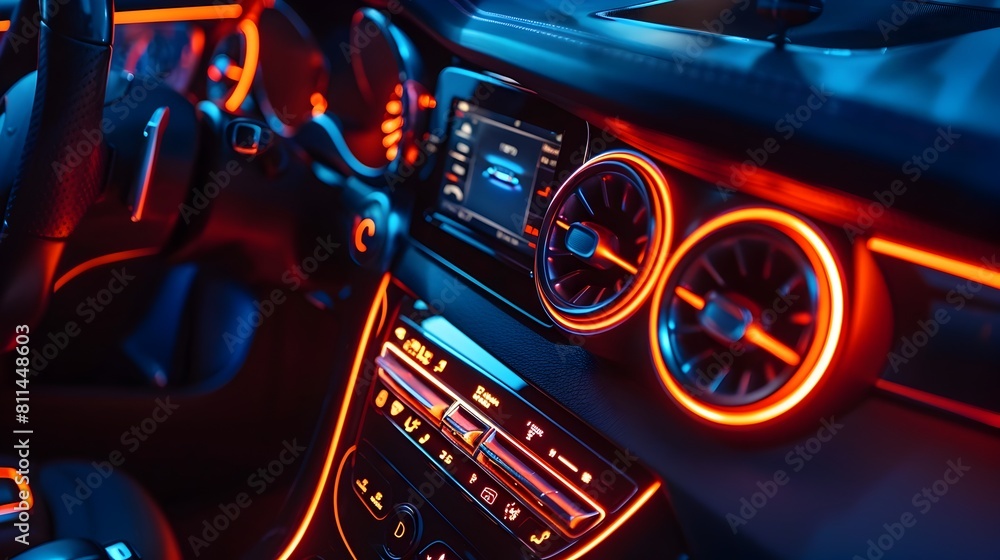 Sleek Modern Car Dashboard with Illuminated Air Conditioning and Controls Sleek Modern Car Dashboard with Illuminated Air Conditioning and Controls