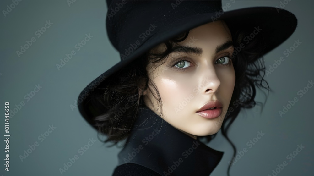 A timeless portrait of a model, the black hat perched jauntily atop her head, framing her meticulously styled hair and makeup, evoking a blend of classic glamour and modern sophistication. A timeless portrait of a model, the black hat perched jauntily atop her head, framing her meticulously styled hair and makeup, evoking a blend of classic glamour and modern sophistication.