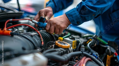 Skilled Mechanic Repairing Car Air Conditioning System in Auto Repair Shop photo