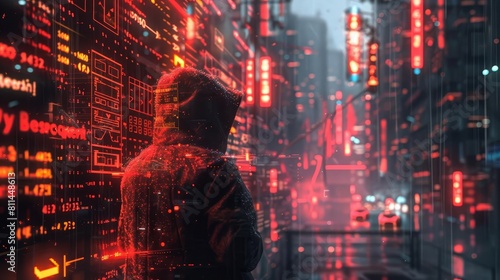 A cyberpunk scene of a hacker accessing a blockchain network  with digital locks and security protocols visualized