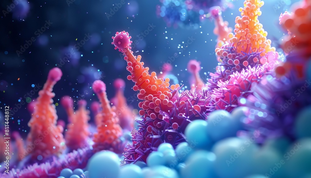 A digital animation showcasing how enzymes break down viral proteins in a 3D rendering of a cellular environment A digital animation showcasing how enzymes break down viral proteins in a 3D rendering of a cellular environment