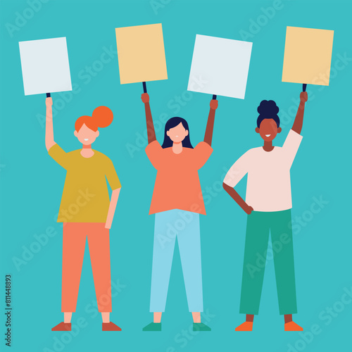 
People holding blank placards. Protest for human rights and social equality. Publicity templates. Participation in a peaceful demonstration. Vector flat. stock illustration