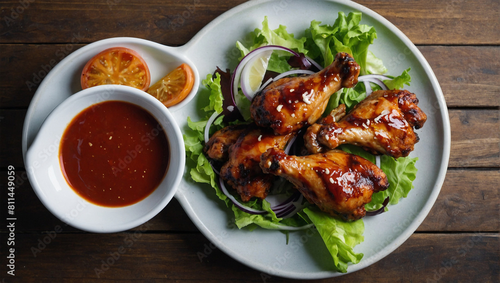 grilled chicken wings with salad and sauce grilled chicken wings with salad and sauce