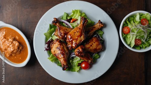 grilled chicken wings with salad and sauce