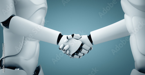MLP 3d illustration humanoid robot handshake to collaborate future technology development by AI thinking brain  artificial intelligence and machine learning process for 4th industrial revolution.