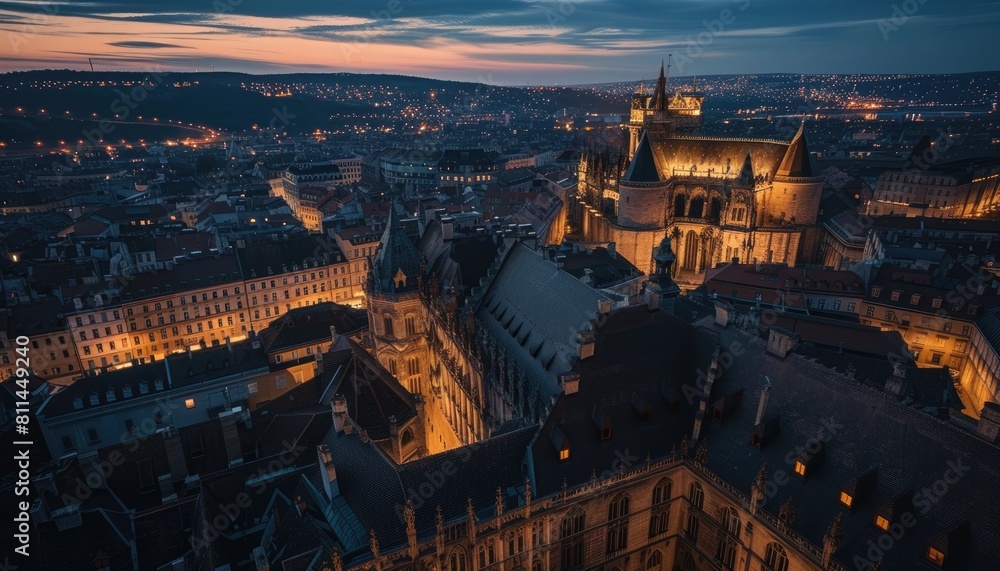 Obraz premium Behold the beauty of a medieval city from above, with majestic castles and palaces adorning the landscape, painting an enchanting picture. 🏰🌆✨