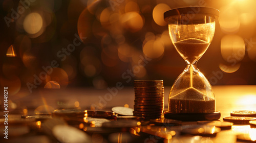 an hourglass with sand running down next to stacks of coins on the table, cinematic lighting, detailed, bokeh background, warm tones, shallow depth of field, golden light