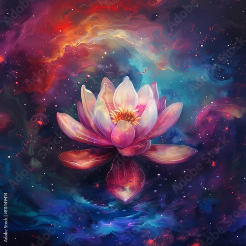 a floating lotus flower within the universe with a nebula around it  colorful and spiritual feeling and surrounded by a Hindu mandala