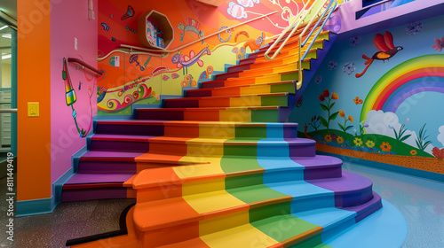 Colorfully designed staircase in a children's medical office, featuring rainbow steps and joyful murals.