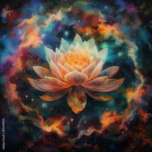 a floating lotus flower within the universe with a nebula around it, spiritual feeling and surrounded by a Hindu mandala