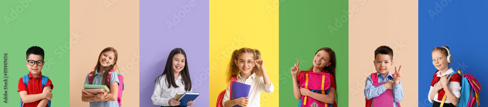 Set of many little students on color background