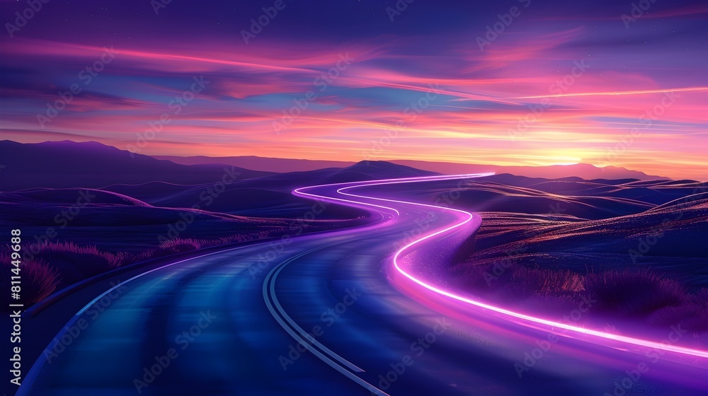 Vibrant Futuristic Winding Road at Dusk with Colorful Neon Lights and Glowing Skies Vibrant Futuristic Winding Road at Dusk with Colorful Neon Lights and Glowing Skies