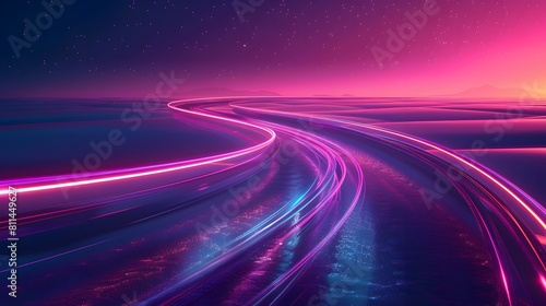 Vibrant Futuristic Abstract Road with Curved Neon Lights and Luminous Skies
