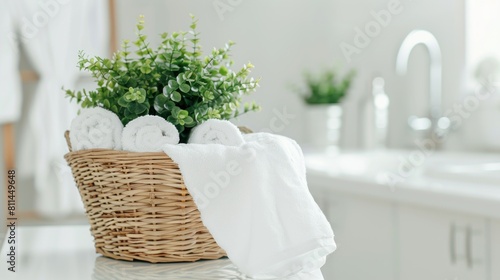 white cotton towels in basket with green plant on white counter table inside a bright bathroom background