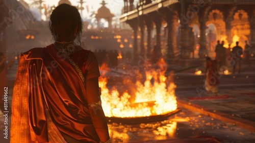 A woman in traditional Hindu attire, standing before a giant fire, with shadows of people in the background