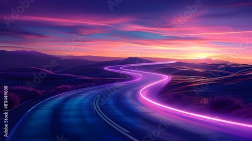 Vibrant Futuristic Winding Road at Dusk with Colorful Neon Lights and Glowing Skies