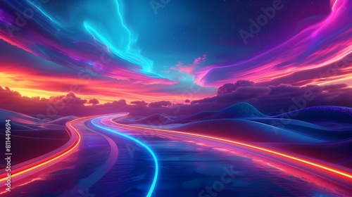 Vibrant Futuristic Road Landscape with Luminous Curved Neon Lights and Glowing Skies
