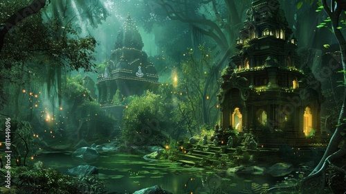 a serene jungle with glowing plants and hindu temple, fantasy