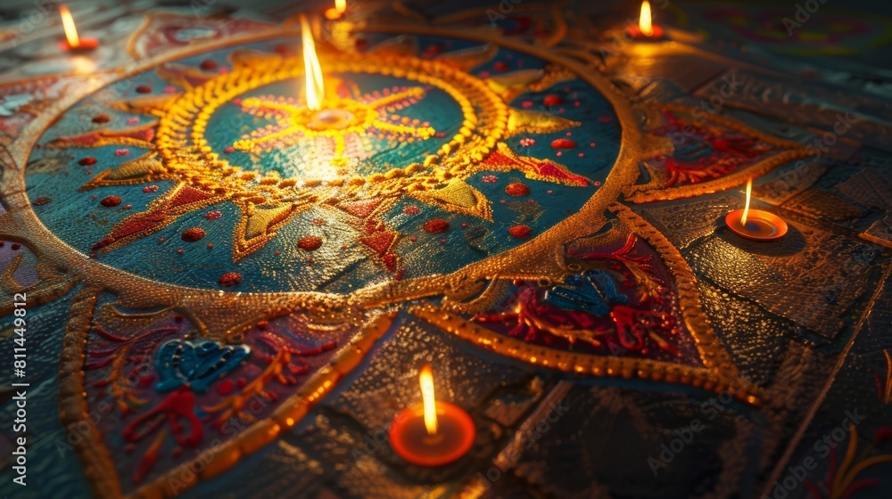 An intricate rangoli design with traditional Hindu symbols in vibrant colors An intricate rangoli design with traditional Hindu symbols in vibrant colors