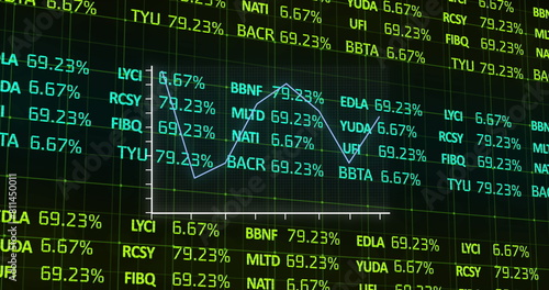 Image of graph over over stock market data processing against black background © vectorfusionart