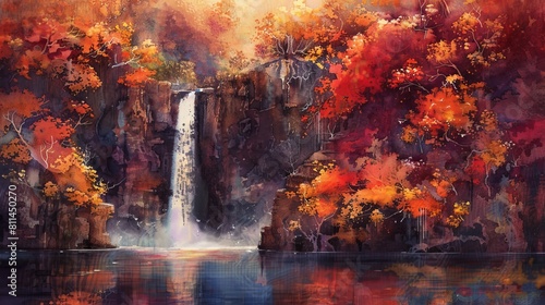 Dynamic watercolor of a waterfall tumbling into a lake, fiery autumn trees on the cliffs surrounding the waters with vibrant reds and golds