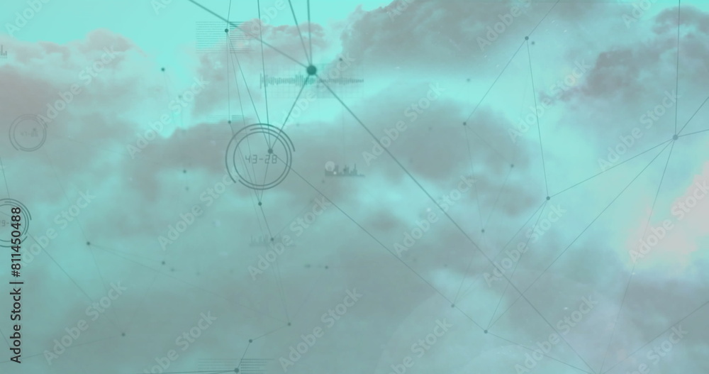 Image of network of connections with data processing and shapes over sky with clouds Image of network of connections with data processing and shapes over sky with clouds