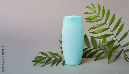 Mockup. White plastic bottle for vitamins  cosmetics  health care products on a white background with green palm leaves. Cosmetic medical beauty product