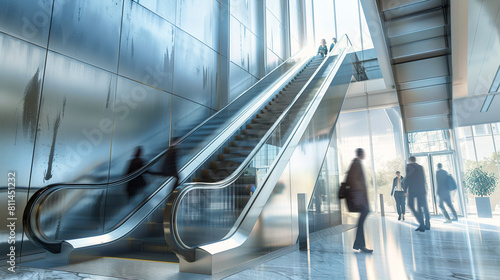 Angle view of a bustling brushed steel staircase in a corporate tower.
