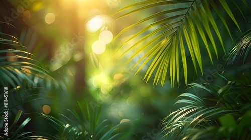 Lush Tropical Greenery with Sunlit Foliage and Bokeh Background