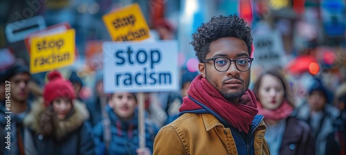 photo of a crowd, a meeting, chanting stop racism in order to protect human rights.