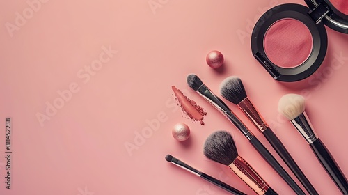 Makeup tools and cosmetics on a pastel background, in a flat lay concept for a make up artist or beauty shop with copy space adobe stock in high detail, hyper quality. photo