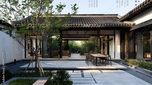 Stunning Contemporary Chinese-Style Courtyard with Outdoor Dining Area and Lush Greenery