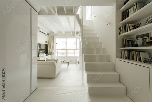 Minimalist decor surrounds a bright white storage staircase in a compact urban apartment.