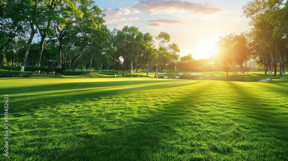 View of Golf Course with fairway and pond at sunset, Golf course with a rich green turf beautiful scenery View of Golf Course with fairway and pond at sunset, Golf course with a rich green turf beautiful scenery